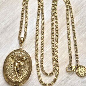 Vintage Locket Necklace, Cherub with Heart signed The Vatican Library Collection